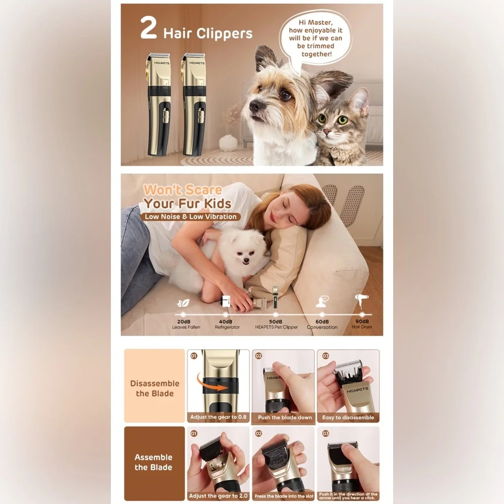 NIB~ TWO Dog/Cat Electric Clippers Grooming Kit Low Noise Rechargeable Cordless